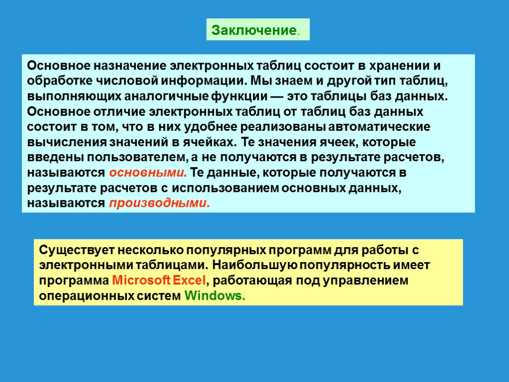 Заключение. Основное назначение электронных таблиц состоит в хранении и обработке числовой информации. Мы знаем